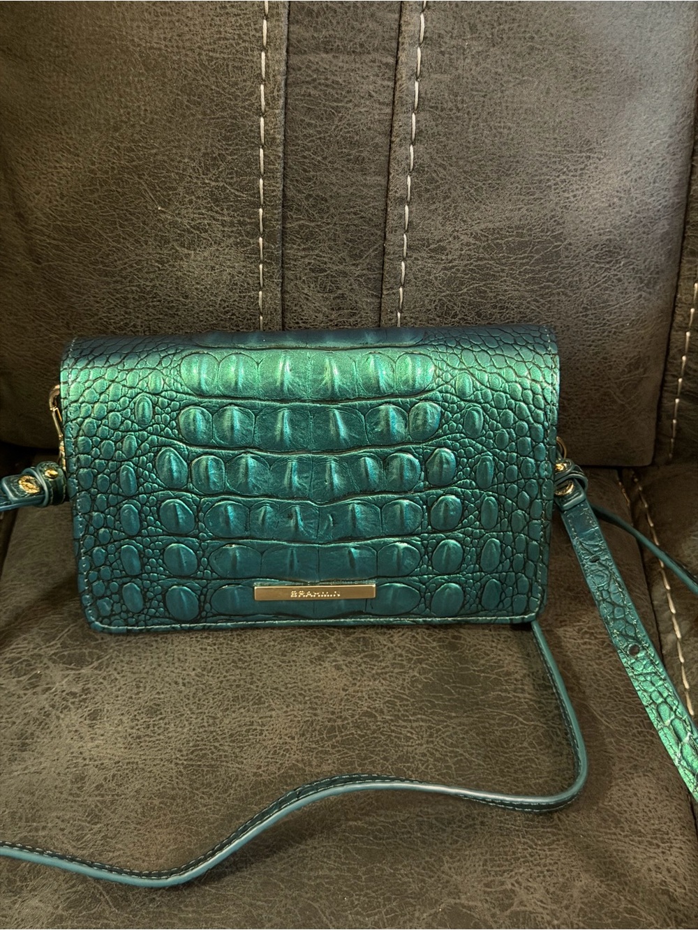 Brahmin Emerald Teal Croc-Embossed Crossbody Bag
